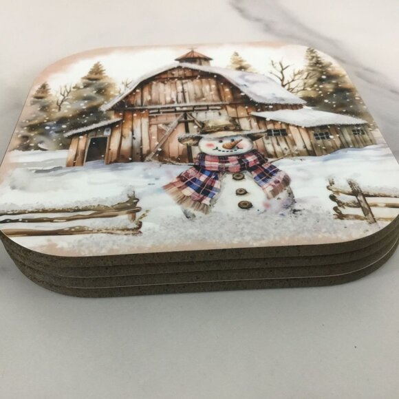 Rustic Country Snowman Wood Hardboard Coasters Set of 4 - Picture 8 of 9